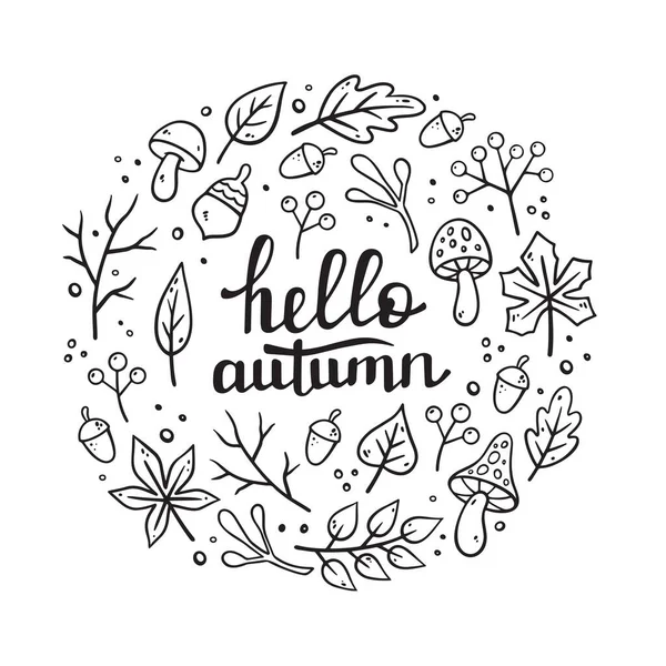 Hello Autumn Handwritten Lettering Autumn Decorative Frame Template Autumn Elements —  Vetores de Stock