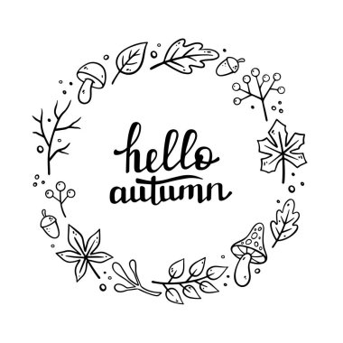 HELLO AUTUMN handwritten lettering. Autumn decorative frame, template with Autumn elements - mushrooms, oak leaves, Maple leaves, autumn leaves, acorns, dry twigs. Vector illustration in Doodle style.