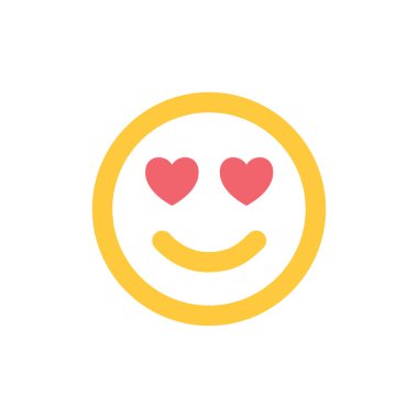 Gülümseme ikonu, aşkta mutlu yüz, gülen emoji, kalp gözlü sarı çıkartma. Vektör düz çizim. Aşk simgesi.