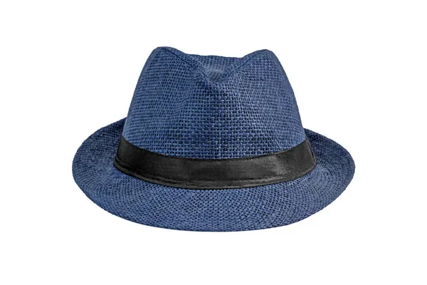 白い背景に隔離された青いわらの帽子 黒のブレイド フロントビューとエレガントな広いつばの帽子 — ストック写真