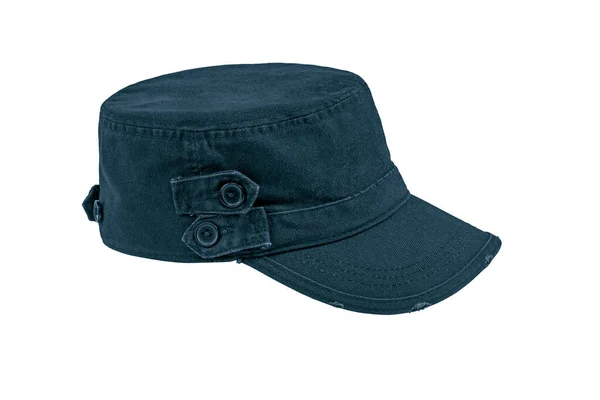 时髦的海军蓝色牛仔裤高尔夫球帽 钮扣与白色背景隔离 侧视图 — 图库照片