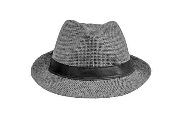 灰色草帽隔离在白色背景上 带黑色缎带的精致宽边帽 前视镜 — 图库照片