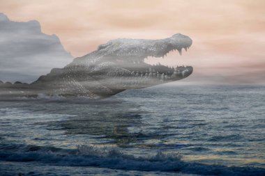 Büyük tarih öncesi timsah Dakosaurus 'un gün batımında sisle kaplı olduğu fantastik bir sahne.