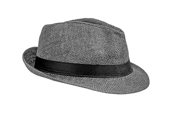 Γκρι Ψάθινο Καπέλο Που Απομονώνεται Λευκό Φόντο Κομψό Καπέλο Μαύρη — Φωτογραφία Αρχείου