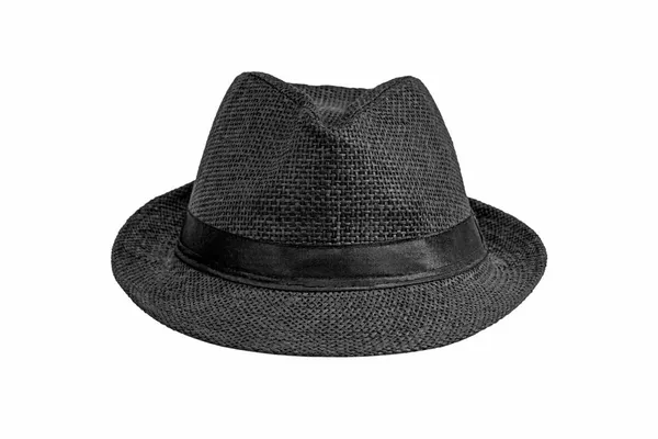 黑色草帽 白色背景隔离 带黑色缎带的精致宽边帽 前视镜 — 图库照片