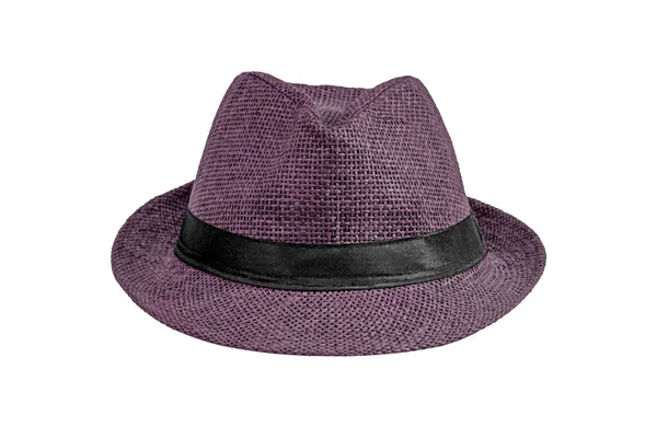 淡いピンクの藁帽子は白い背景に隔離されています ブラックリボン付きエレガントな広いつばの帽子 フロントビュー — ストック写真