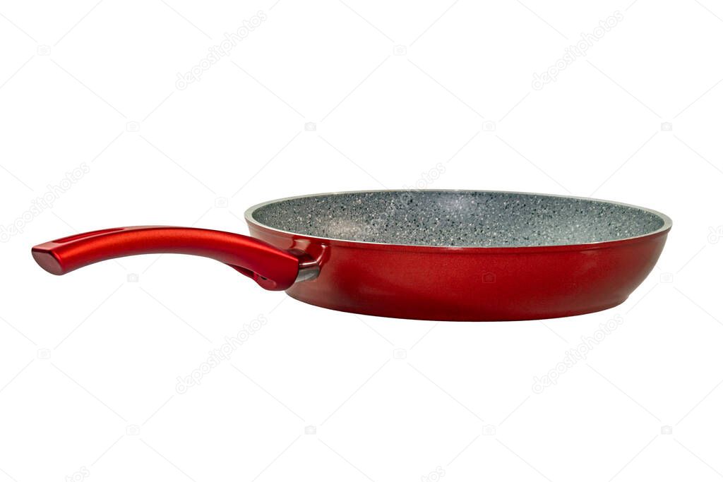 Red frying pan with gray non-stick coating isolated on white background with clipping path. Side view