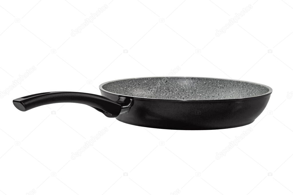 Black frying pan with gray non-stick coating isolated on white background with clipping path. Side view