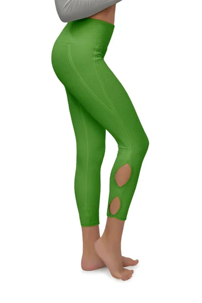 Mooie Slanke Vrouwelijke Benen Groene Sport Lederen Leggings Geïsoleerd Witte — Stockfoto