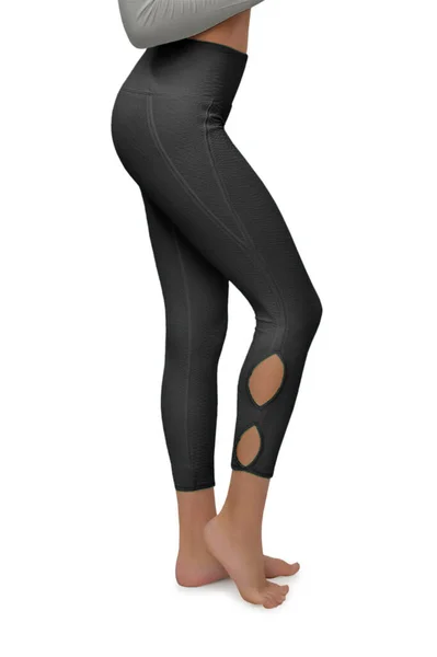 Mooie Slanke Vrouwelijke Benen Zwarte Sport Lederen Leggings Geïsoleerd Witte — Stockfoto