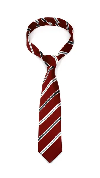 Stylowy Wiązany Brązowy Krawat Paski Szaro Białymi Liniami Białym Tle — Zdjęcie stockowe
