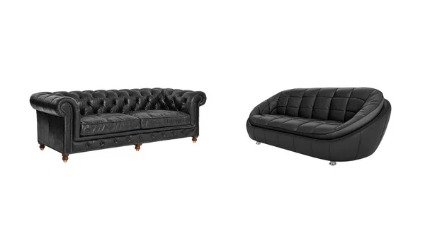 Two Black Classical Modern Quilted Leather Sofas Isolated White Background — 图库照片