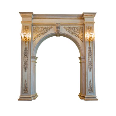 Beautiful  handmade luxury carved wooden arch with gold chandeliers isolated on white background with clipping path