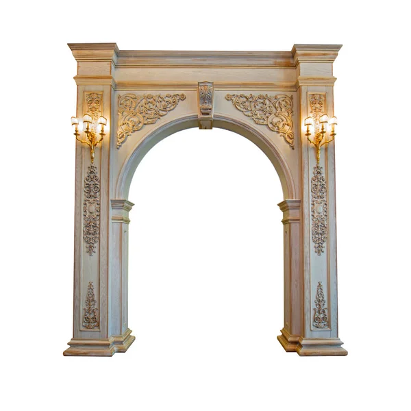 Beautiful Handmade Luxury Carved Wooden Arch Gold Chandeliers Isolated White — Stockfoto