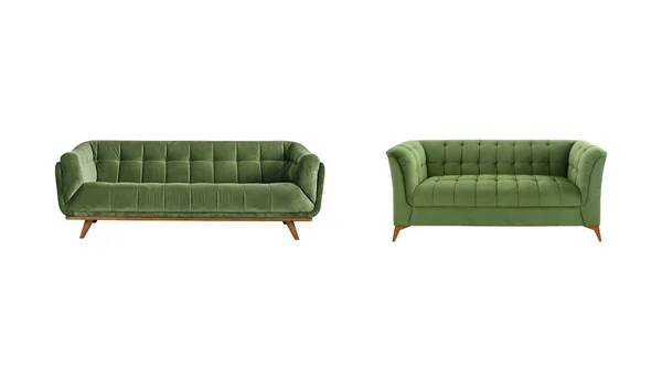 Two Green Quilted Fabric Classic Sofas Wooden Legs Isolated White — Foto de Stock