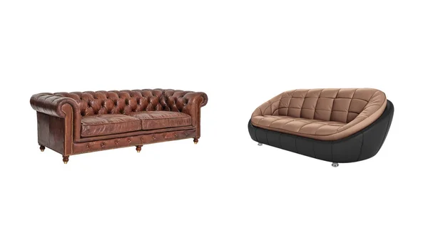 Two Brown Classical Modern Quilted Leather Sofas Isolated White Background — Photo