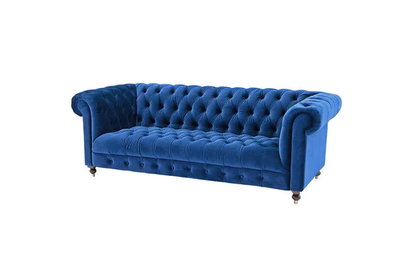 Navy Blue Quilted Velvet Classic Sofa Isolated White Background Clipping — Zdjęcie stockowe