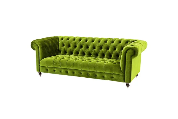 Lime Green Quilted Velvet Classic Sofa Isolated White Background Clipping — Fotografia de Stock