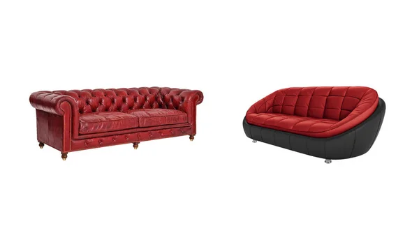 两种红色经典和现代的棉被皮革沙发隔离在白色背景与剪裁路径 家具系列 — 图库照片