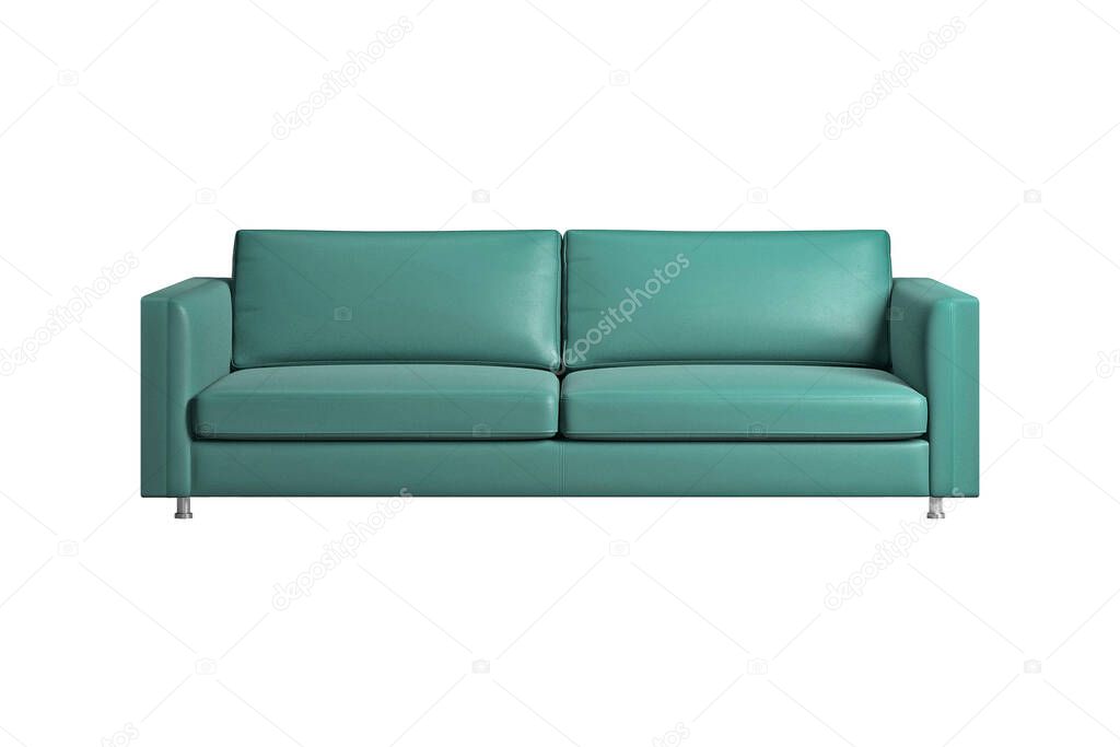 Cozy turquoise leather sofa, isolated on white background with clipping path. Series of furniture