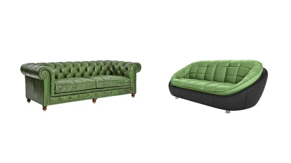 Two Green Classical Modern Quilted Leather Sofas Isolated White Background — Photo