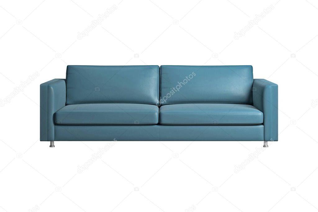 Cozy blue leather sofa, isolated on white background with clipping path. Series of furniture