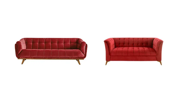 Zwei Rote Gesteppte Klassische Sofas Aus Stoff Auf Holzbeinen Isoliert — Stockfoto
