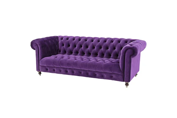 Purple Quilted Velvet Classic Sofa Isolated White Background Clipping Path — Stock Photo, Image