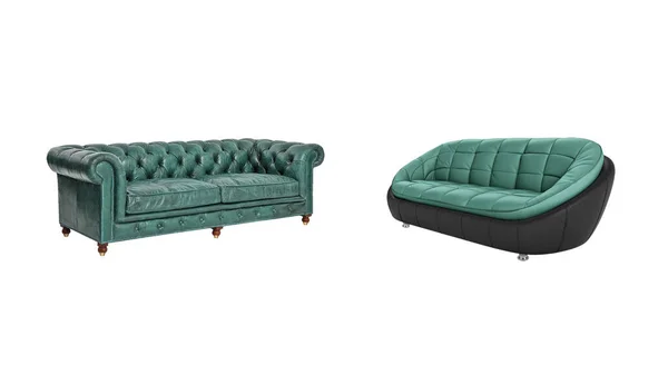 Deux Canapés Cuir Matelassé Classique Moderne Turquoise Isolés Sur Fond — Photo