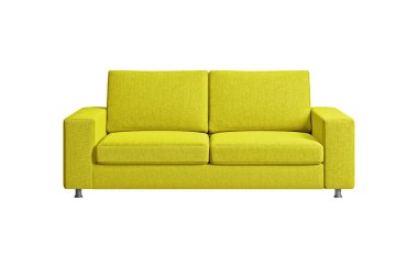 Nikel metal bacaklı sarı kumaş kanepe beyaz arka planda kırpma yolu ile izole edilmiş. Mobilya serisi