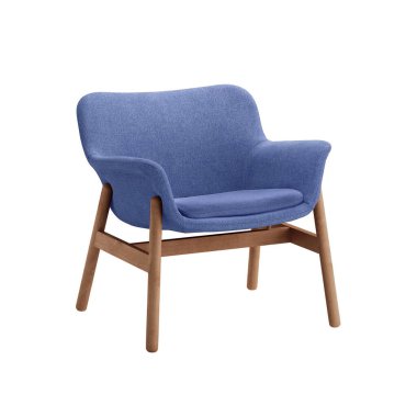 Beyaz arka planda izole edilmiş ahşap bacaklı mavi lüks klasik koltuk ve kırpma yolu. Mobilya serisi