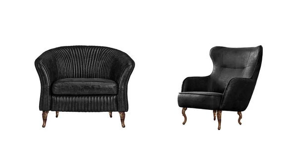 Deux Fauteuils Cuir Classique Noir Sur Pieds Décoratifs Laiton Isolés — Photo