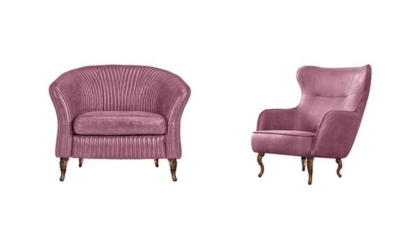 Dos Sillones Cuero Clásico Rosa Sobre Patas Decorativas Latón Aisladas — Foto de Stock