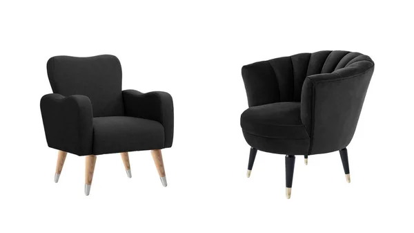 两个经典的扶手椅艺术装饰风格的黑色天鹅绒 木制腿隔离在白色背景与削减路径 家具系列 — 图库照片