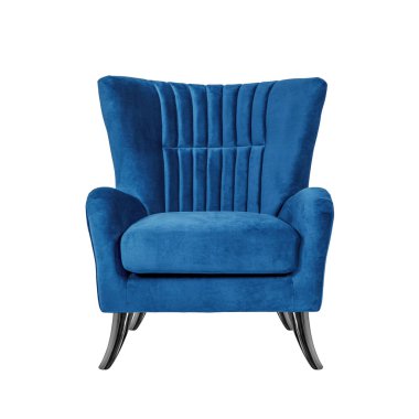 Klasik koltuk sanatı deco tarzı mavi kadife, siyah nikel metal bacakları beyaz arka planda izole edilmiş ve kırpma yolu var. Ön manzara, mobilya serisi.