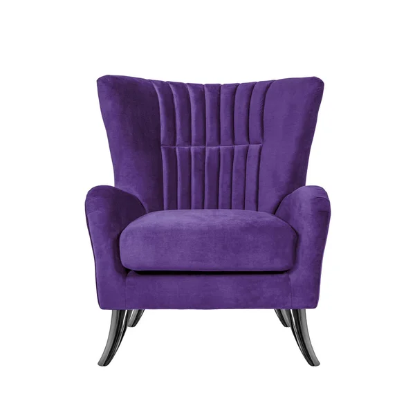 经典的扶手椅艺术装饰风格 紫色天鹅绒与黑色镍金属腿隔离在白色背景与削减路径 正面视图 系列家具 — 图库照片