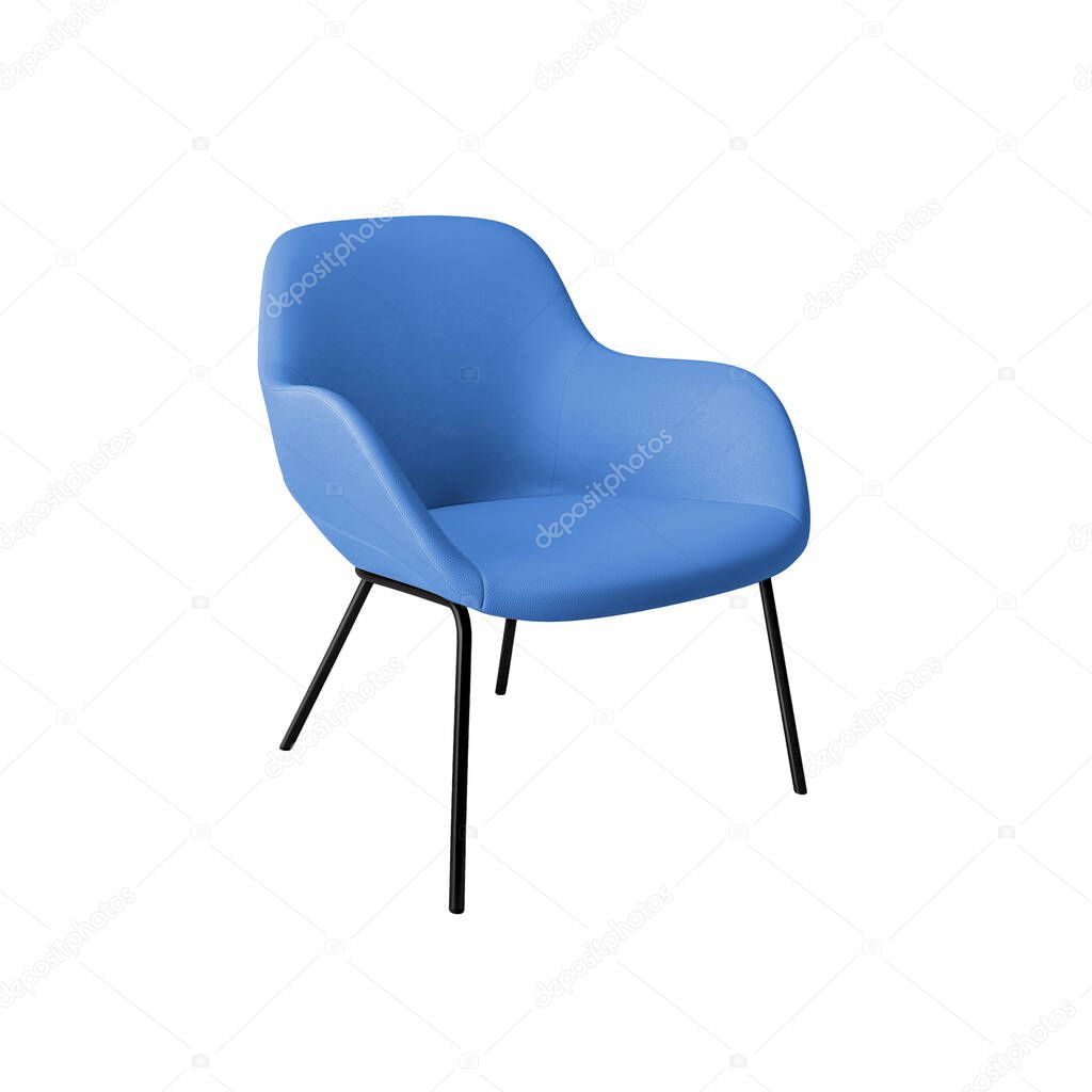 Blue luxury leather classical armchair with black metal legs for cafe and office, isolated on white background with clipping path. Series of furniture