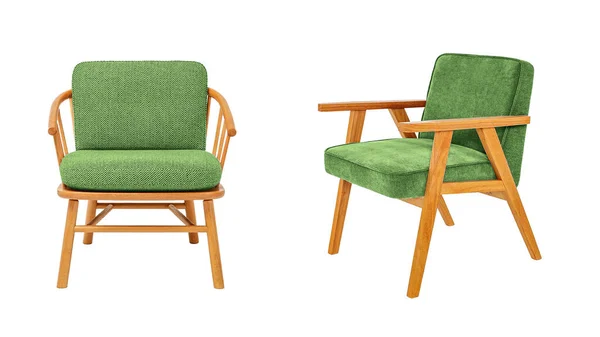 木製の脚と白い背景に隔離されたクリッピングパスを持つ腕を持つ2つの緑の高級古典的なアームチェア 家具シリーズ — ストック写真