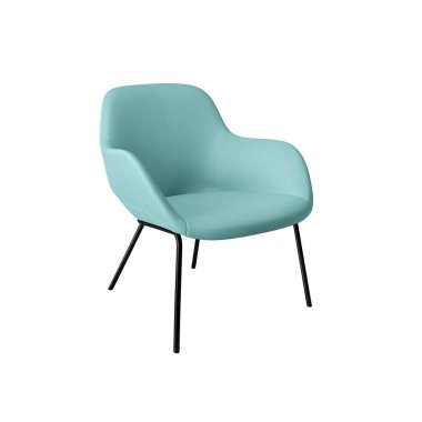 Kafe ve ofis için siyah metal bacakları olan, beyaz arka planda kırpma yolu olan gökyüzü mavisi, klasik deri koltuklar. Mobilya serisi