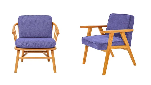 白を基調としたクリッピングパスを持つ木製の足と腕を持つ2つの紫の豪華な古典的なアームチェア 家具シリーズ — ストック写真