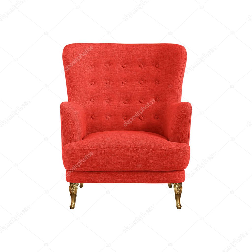 Red quilted fabric classical art deco style armchair on decorative brass legs isolated on white background with clipping path. Front view, series of furniture