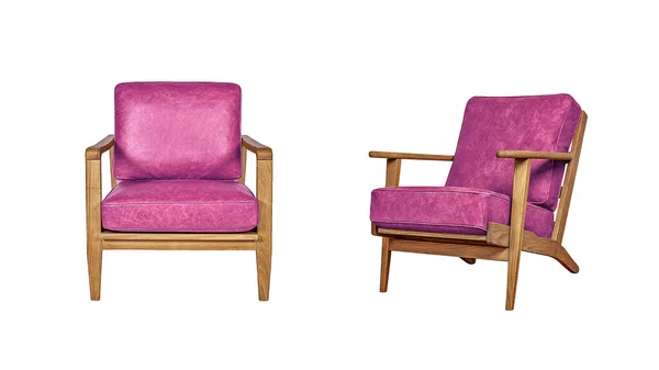 Twee Hete Roze Luxe Lederen Klassieke Fauteuil Met Houten Poten — Stockfoto