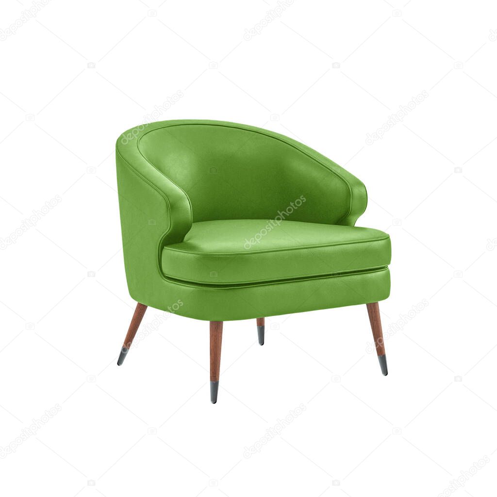 Green luxury leather modern armchair with wooden legs isolated on white background with clipping path. Series of furniture