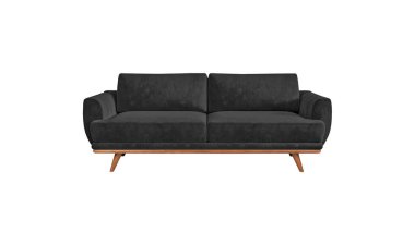 Tahta bacaklı, siyah kumaş klasik kanepe. Beyaz arka planda, kırpma yolu ile izole edilmiş. Mobilya serisi