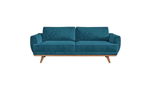 Granatowy Niebieski Materiał Klasyczna Sofa Drewnianych Nogach Odizolowana Białym Tle — Zdjęcie stockowe