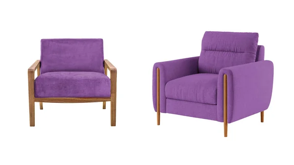 Two Classic Armchairs Art Deco Style Purple Velvet Wooden Legs — Φωτογραφία Αρχείου