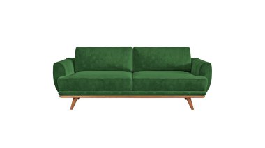 Green fabric classic sofa on wooden legs isolated on white background with clipping path. Series of furniture