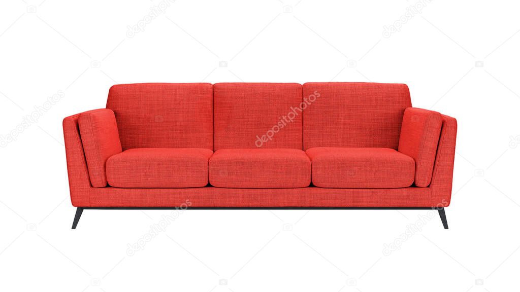 Red fabric classic sofa on black wooden legs isolated on white background with clipping path. Series of furniture
