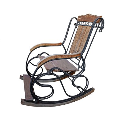 Vintage rocking chair from forged metal and wood isolated over white background with clipping path, old metallic wooden furniture