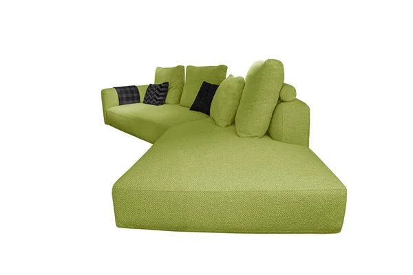 Têxtil Verde Limão Sofá Angular Com Travesseiros Pretos Xadrez Isolado — Fotografia de Stock